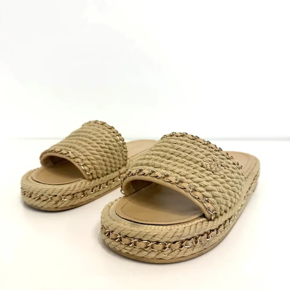 CHANEL Braided Rope Slide Sandals Gold 19 Metal Leather Chain Accents 40 Shoes